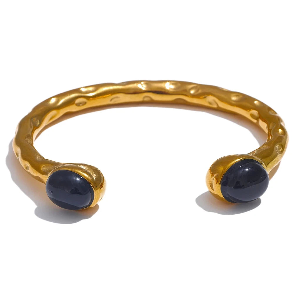 Yhpup 62mm High Quality Stainless Steel Multicolored Natural Stone Golden Cuff Open Bracelet Bangle Water Resistant Jewelry 2024YH4111A Blue