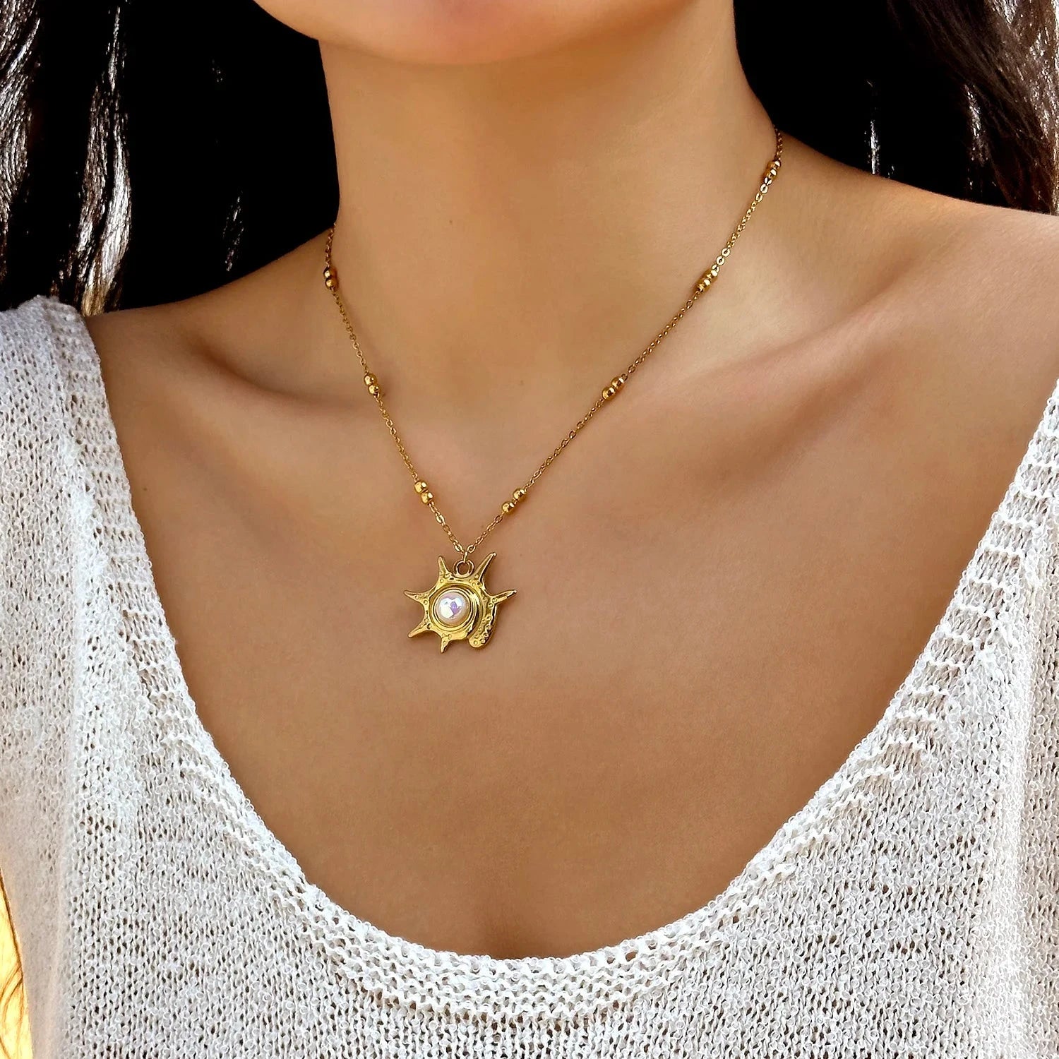 Stainless Steel Metal Starfish Conch Pendant NecklaceNC25Y0272-5