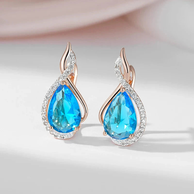 585 Rose Gold Flash Blue Drop Natural Zircon Micro Wax Setting Earrings For Women