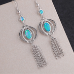 Vintage Blue Fire Opal Drop Dangle Earring with Stone Silver Plated Black Onyx Long Tassel Bohemia Boho Jewelry for Women