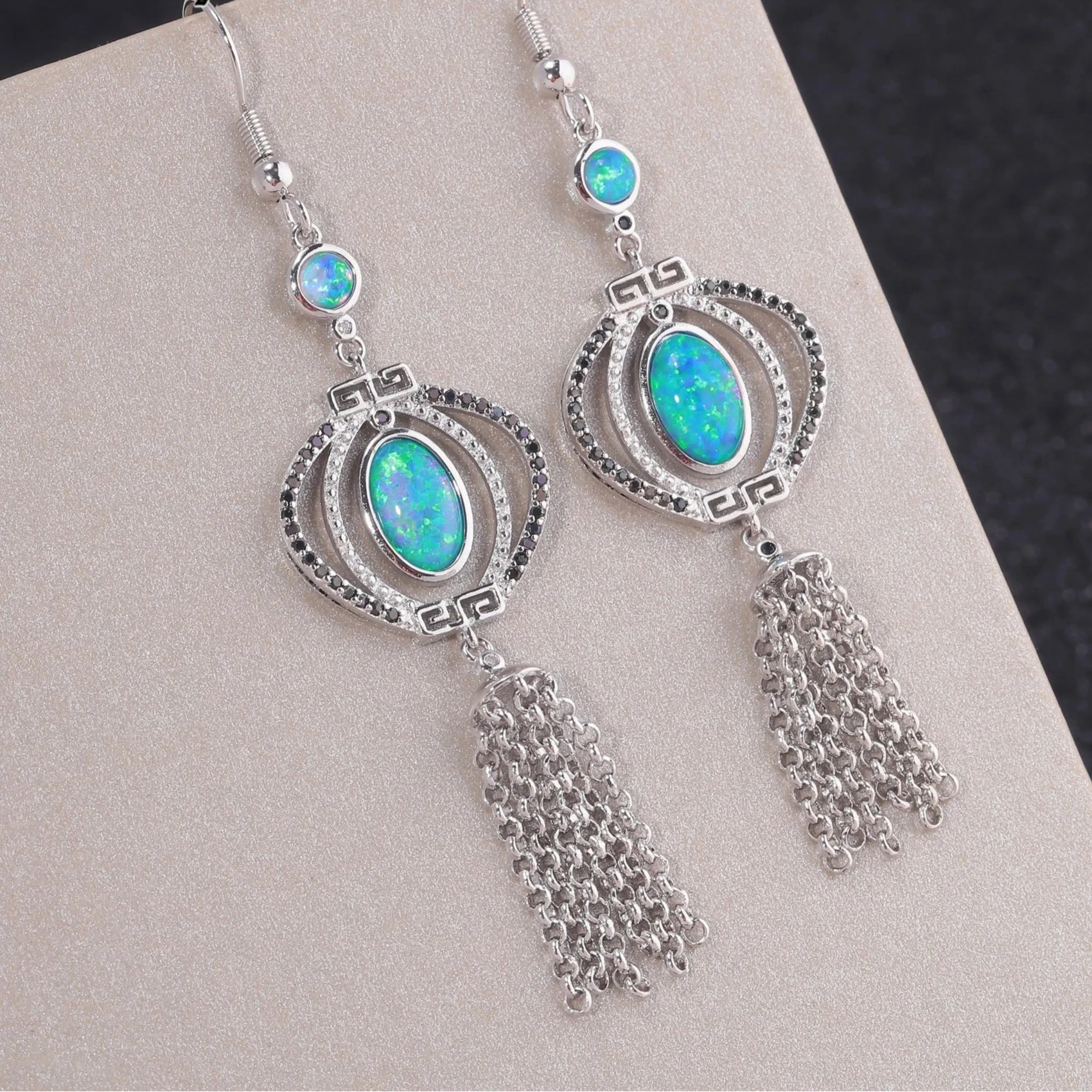 Vintage Blue Fire Opal Drop Dangle Earring with Stone Silver Plated Black Onyx Long Tassel Bohemia Boho Jewelry for Women