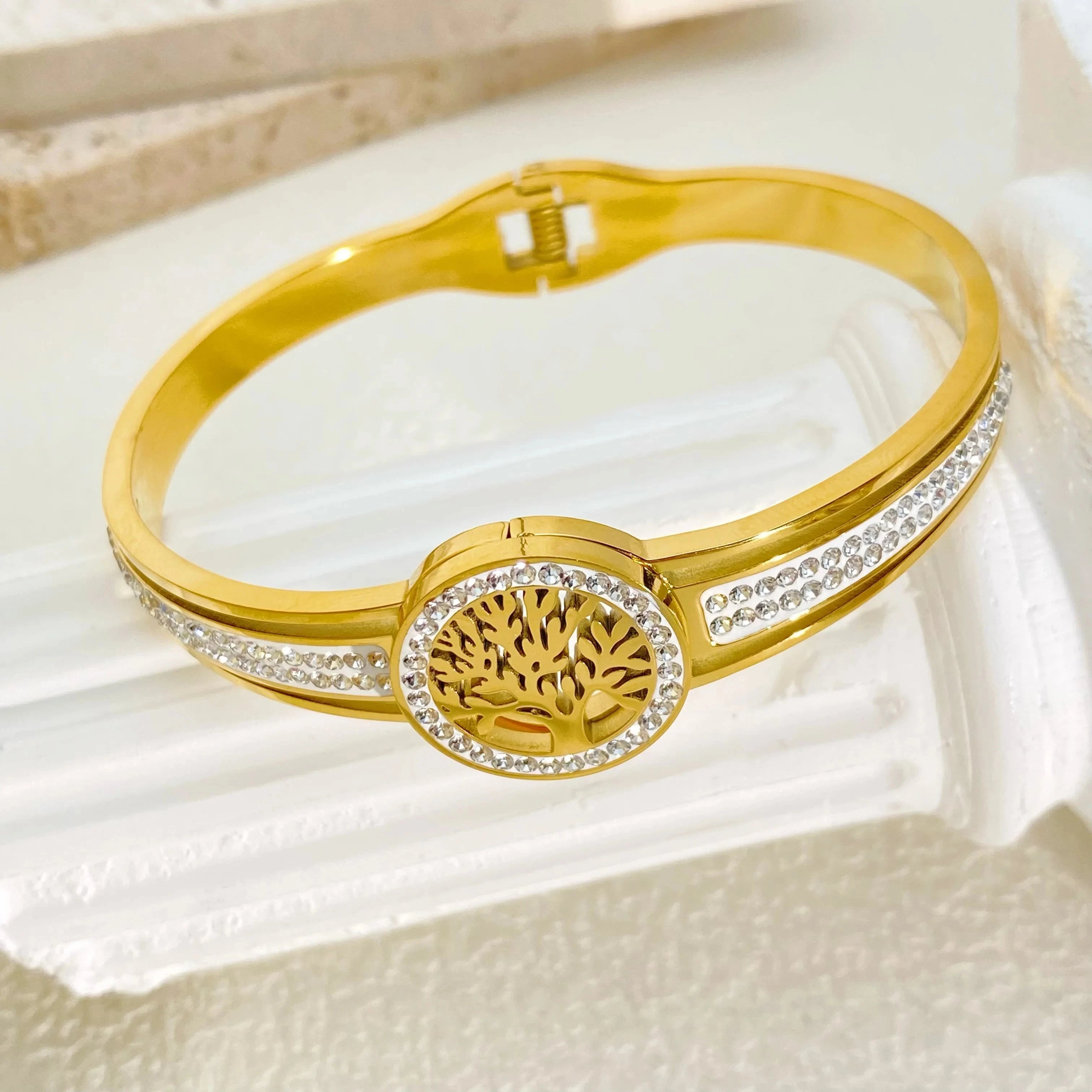 Unisex Tree of Life Bracelet – Gold CZ Luxury Bangle