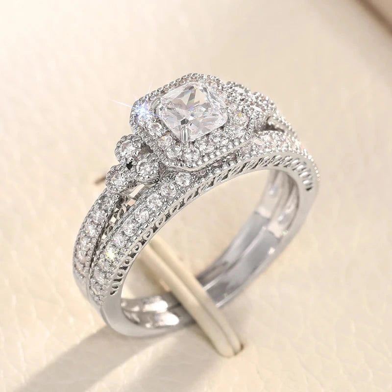 Huitan Fashion 2Pcs Set of Rings for Women Double Layer Stackable Fashion Jewelry Trendy Cubic Zirconia Stone Finger AccessoriesT03367