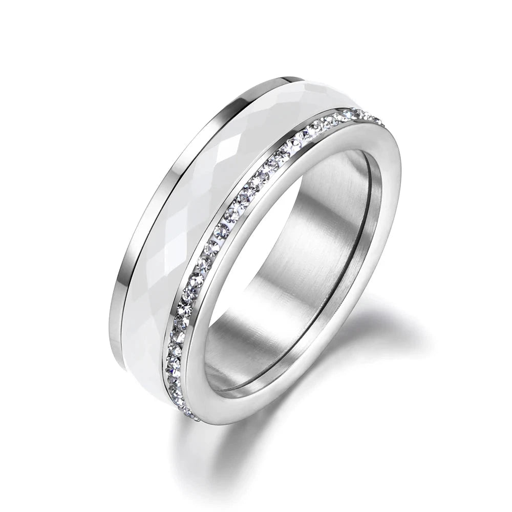 Stainless Steel White Ceramics Rings Jewelry Gold Color CZ Crystal RingsR18056P7