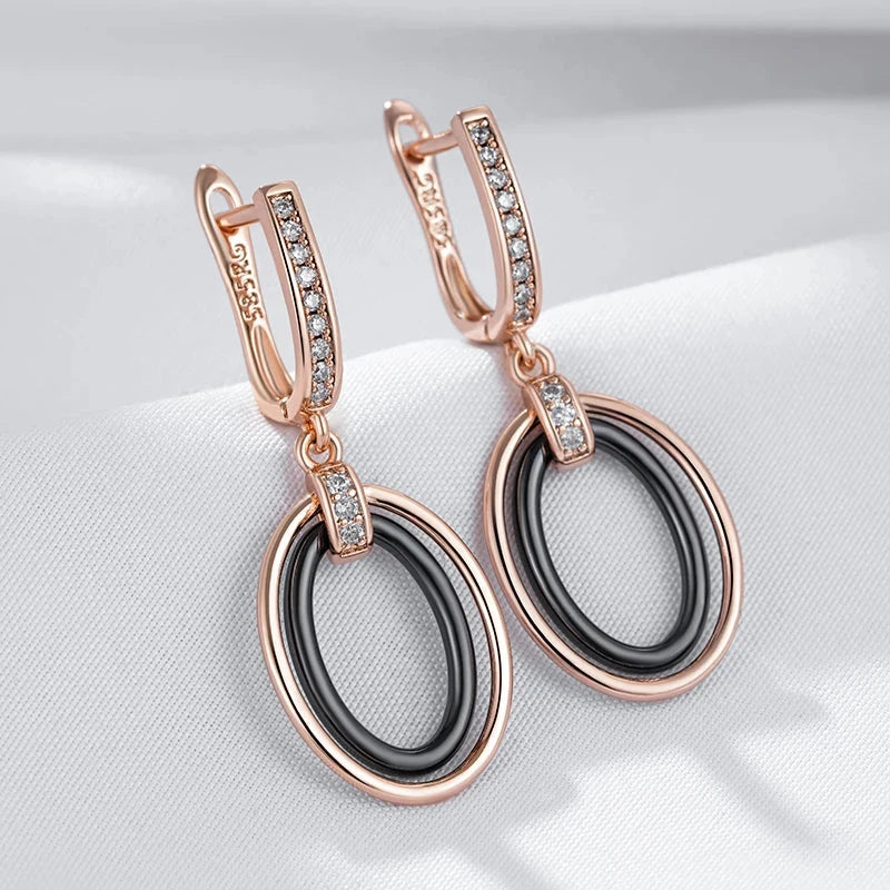 585 Rose Gold Oval Black Ceramics Long Drop Earrings For Women