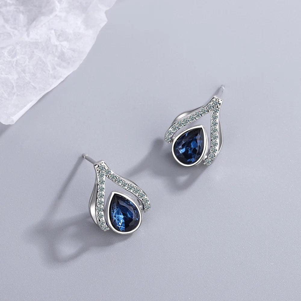 925 Silver Needle Japanese Water Drop Sapphire Flower Earrings