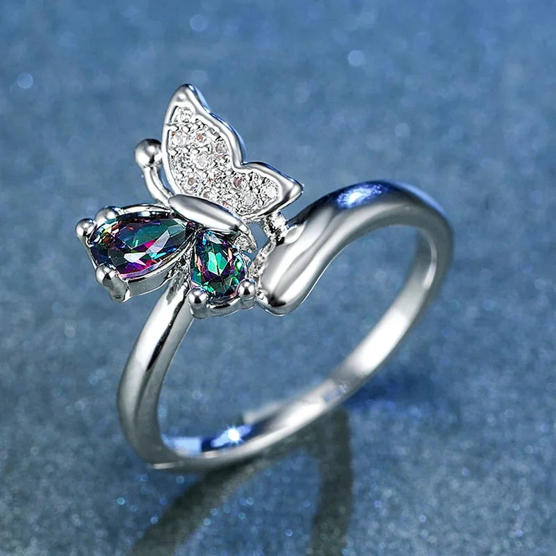 Multi-Colored Cubic Zirconia Butterfly Ring for Women