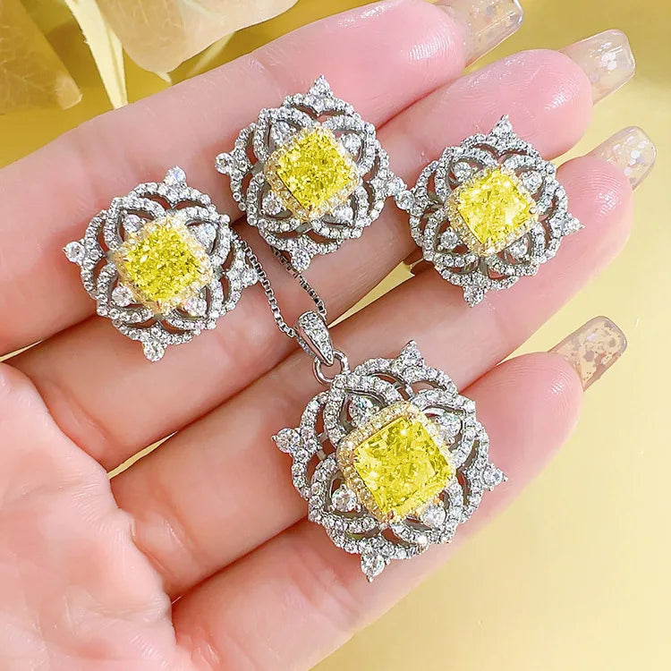 Trendy Vintage Square S925 Silver Wedding Banquet Jewelry Sets for Women1 Set-Yellow