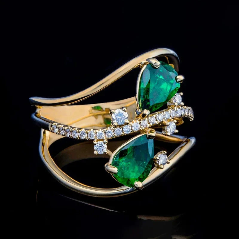 Gold Teardrop Green Crystal Ring