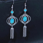 Vintage Blue Fire Opal Drop Dangle Earring with Stone Silver Plated Black Onyx Long Tassel Bohemia Boho Jewelry for Women