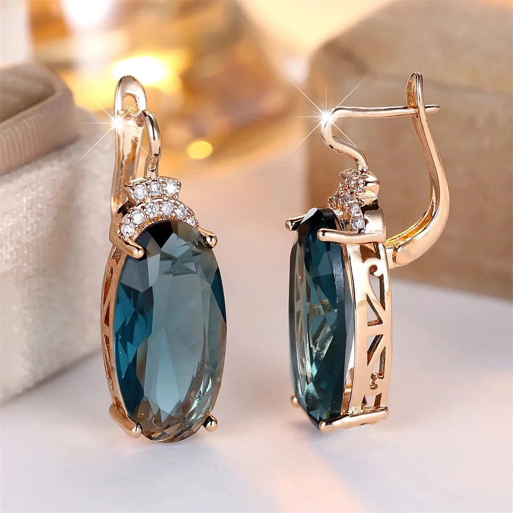 Blue Zircon Big Oval Stone Hoop Earrings For Women