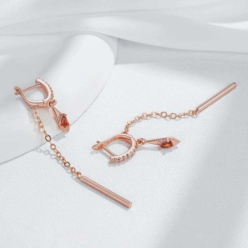 Red Zircon Rose Gold Long Tassel Dangle Earrings for Women