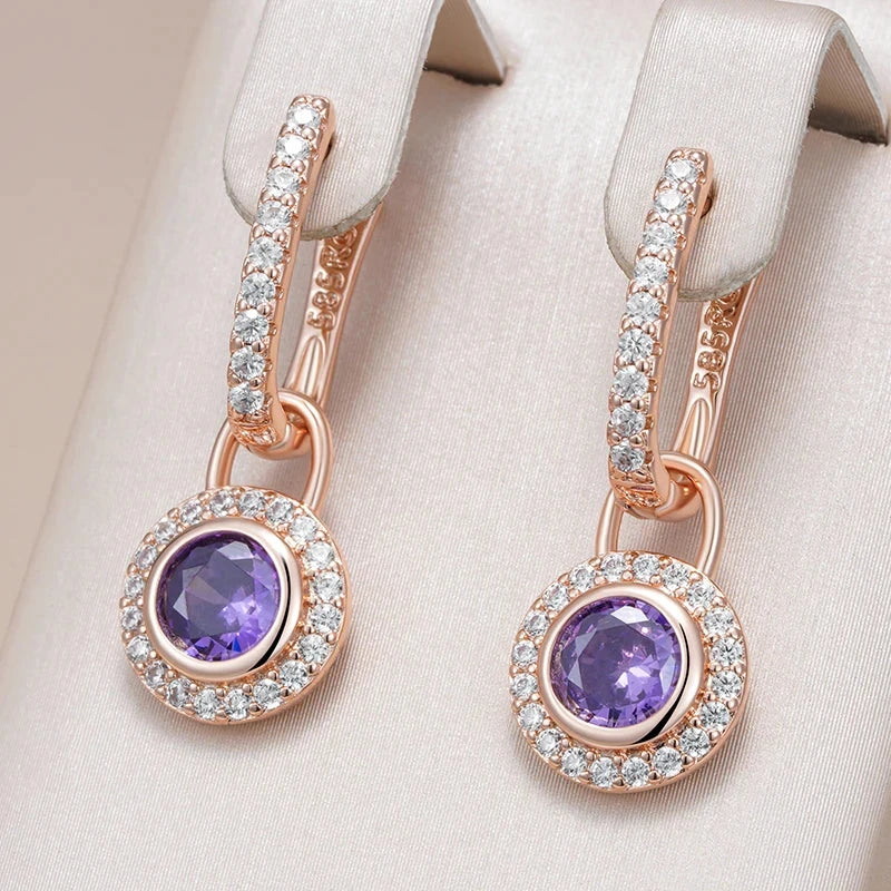 585 Rose Gold Purple Round Natural Zircon Drop Earrings for Women
