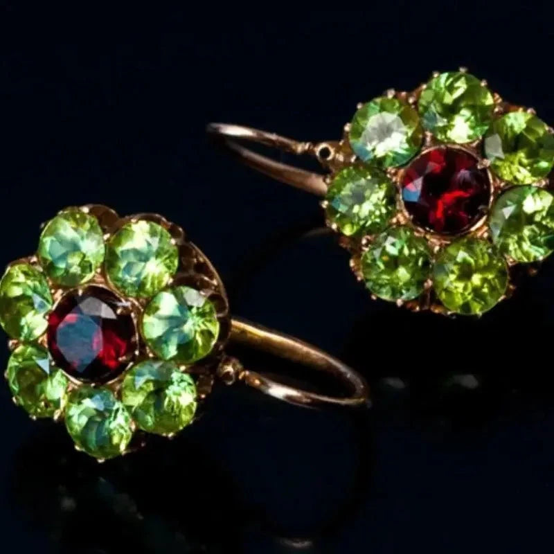 Vintage Gold Dangle Earrings with Red & Green Stones
