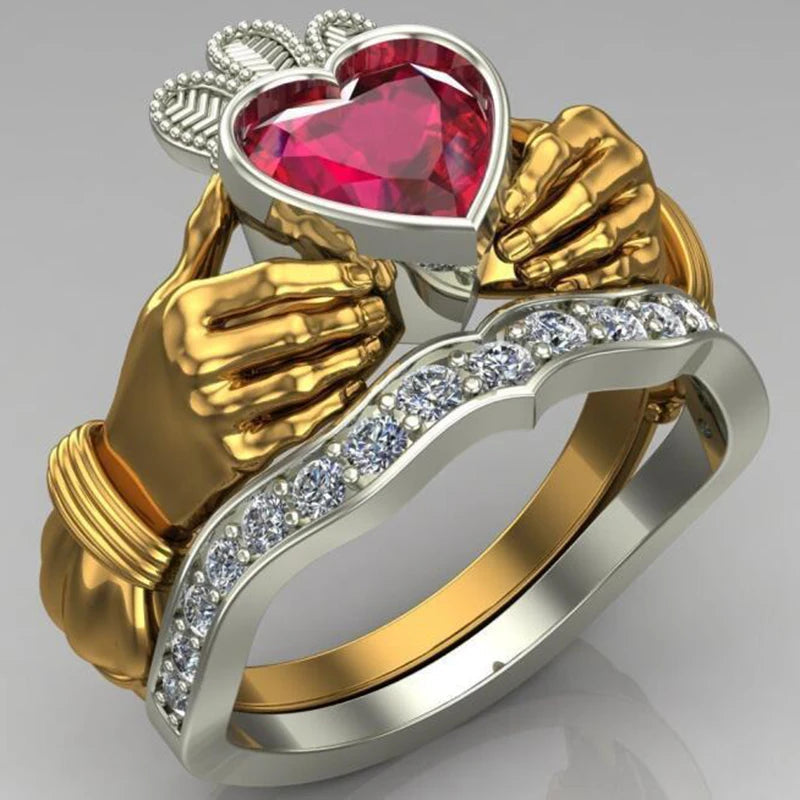 Double-Layer Set Ring Ring Europe And America Fashion Women Holding Ruby Heart Crown Hand