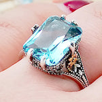 S925 Silver Ring High Sea Blue Topaz Ring Two-Tone Flower Ring