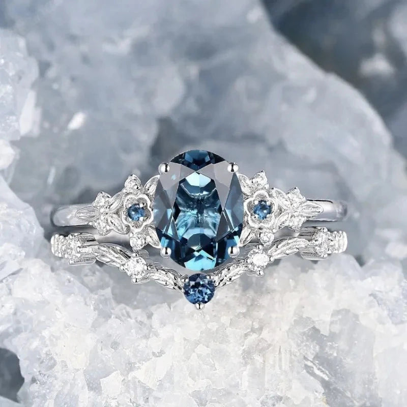 Exquisite Inlaid with White Zircon Blue Stone Rings Set for Women