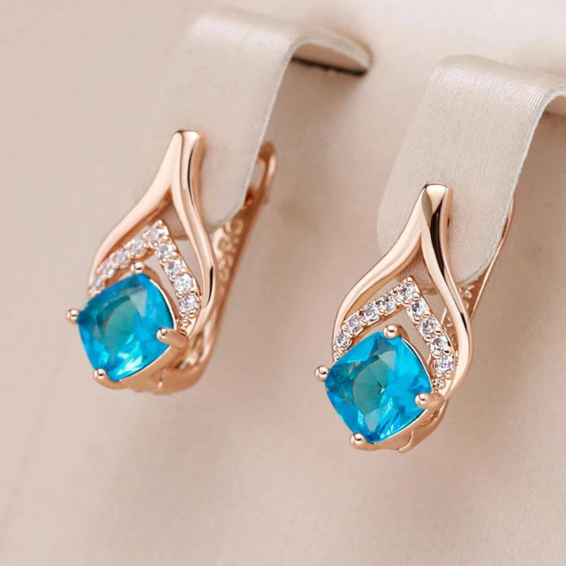 Rose Gold Square Blue Zircon Drop Earrings for Women