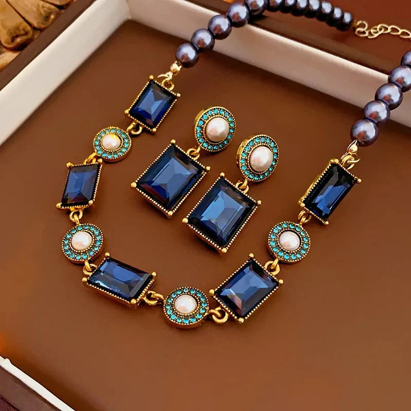 3 Pcs Dark Blue Rhinestone Square Pearl Necklaceset