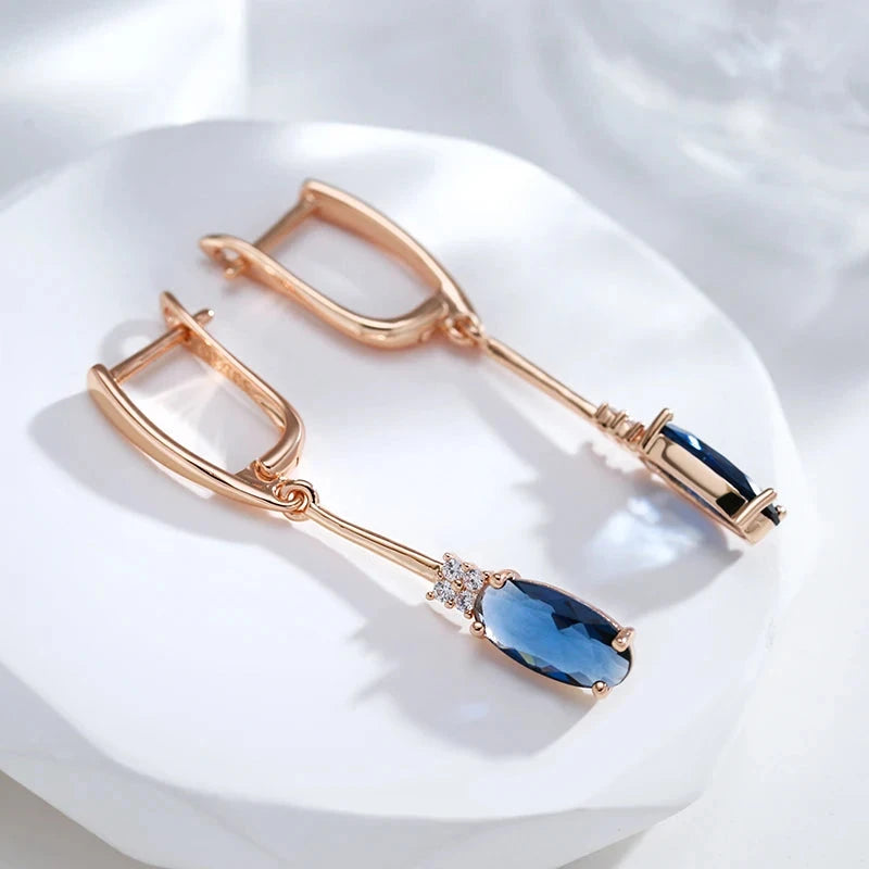 Luxury 585 Rose Gold Oval Blue Long Dangle Earrings for Women