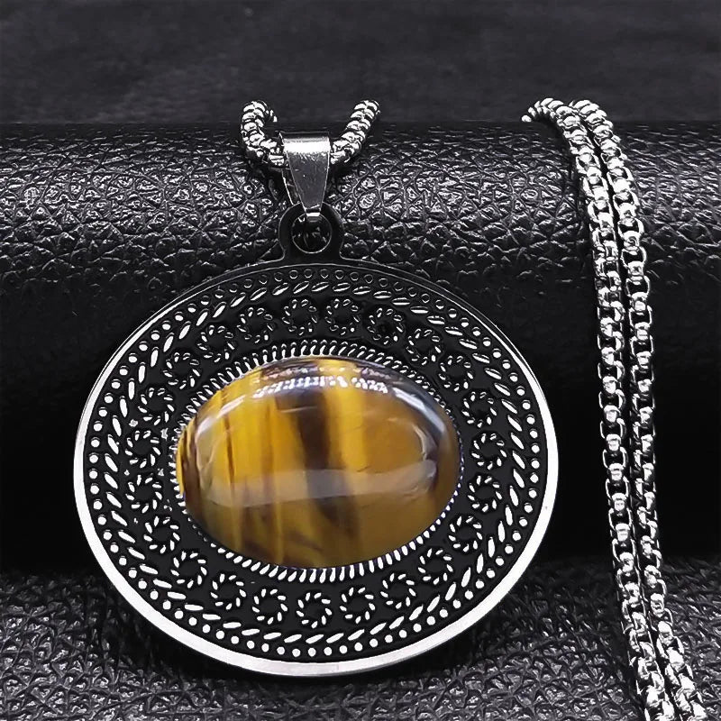 Bohemian oval stone pendant, Tiger's Eye stone