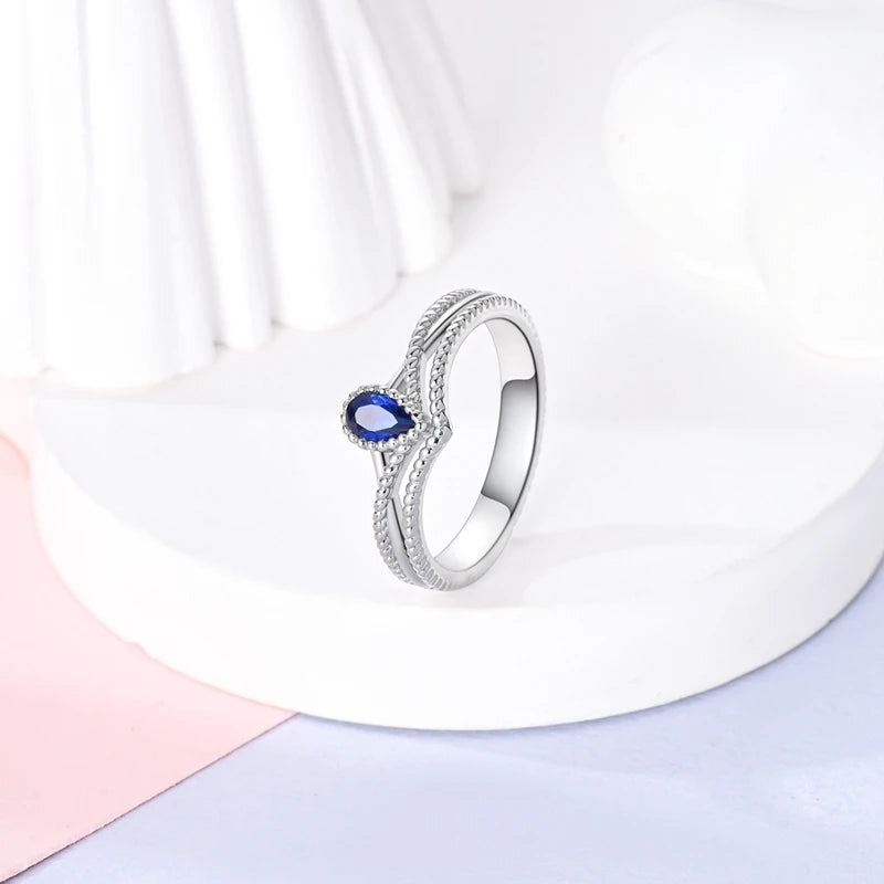 Retro European Style 925 Sterling Silver Sapphire Knot Shaped Double Layered Wishing Bone Ring