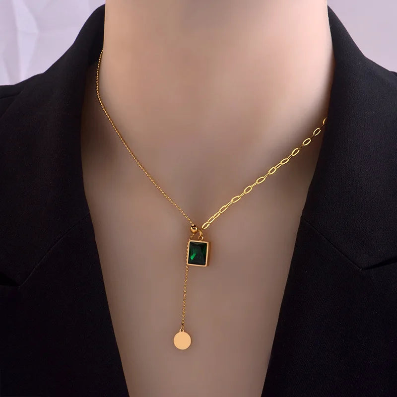 Korean Emerald Stainless Steel Gold Color Necklace for WomanGold-color