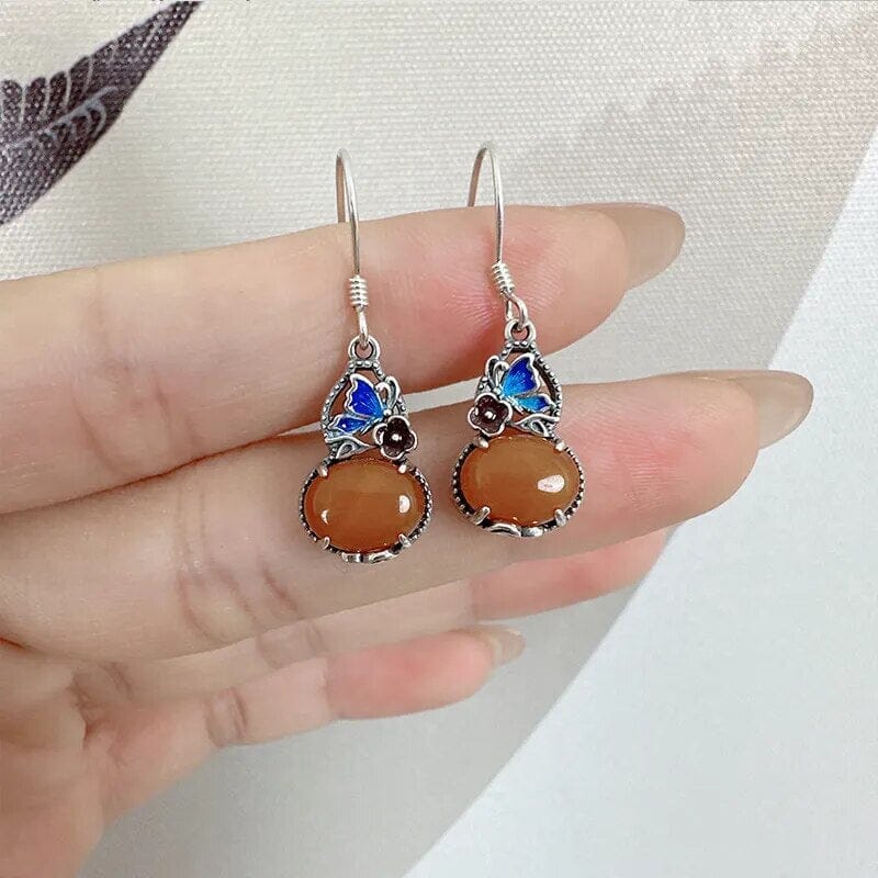 Retro Ethnic Style Butterfly Flower Amber 925 Sterling EarringsEarrings