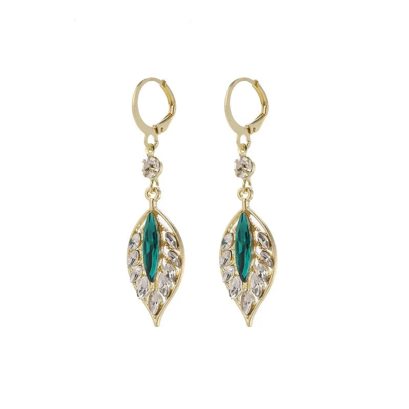2024 New Green Crystal Leaf Pendants Hanging Earrings for Women Full Rhinestone Luxury Crystal Dangle Earrings Korean Ear Jewelr