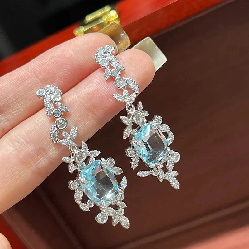 2023 Women Fashionable Blue Zircon Inlaid Diamond Aquamarine Earrings