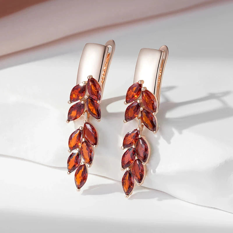 SYOUJYO Vintage Red Zircon Leaf Earrings 585 Rose Gold Color British Ear Hook Luxury Dangle Earrings For Women Gift