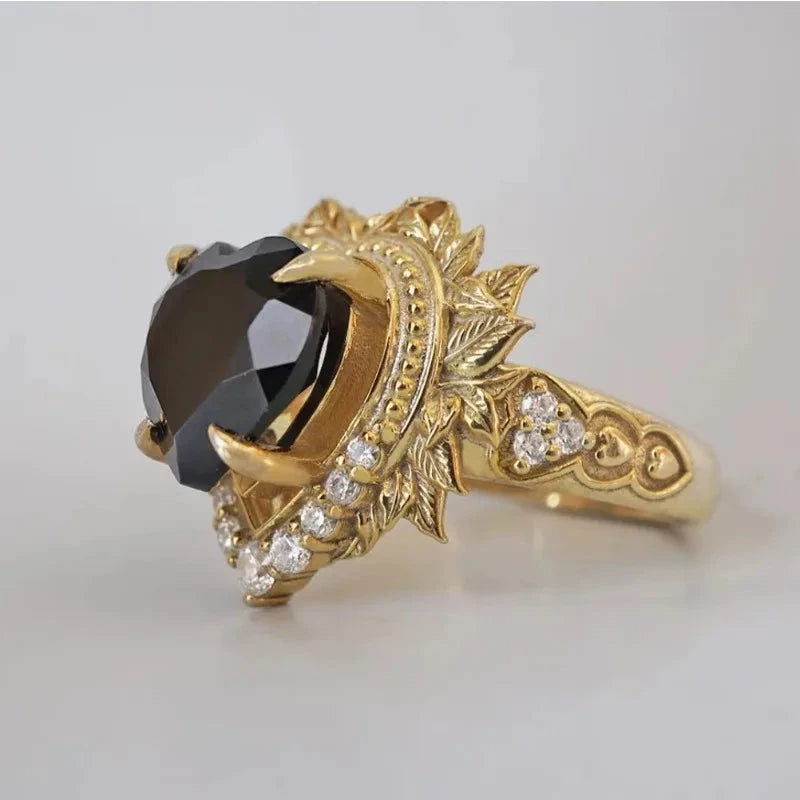 Luxury Gold Flower, Leaf & Heart Hollow Rings with White & Black Stones