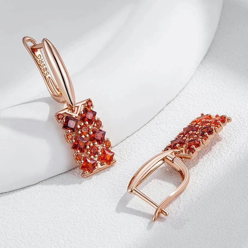 Rose Gold Red Zircon Square Drop Earrings