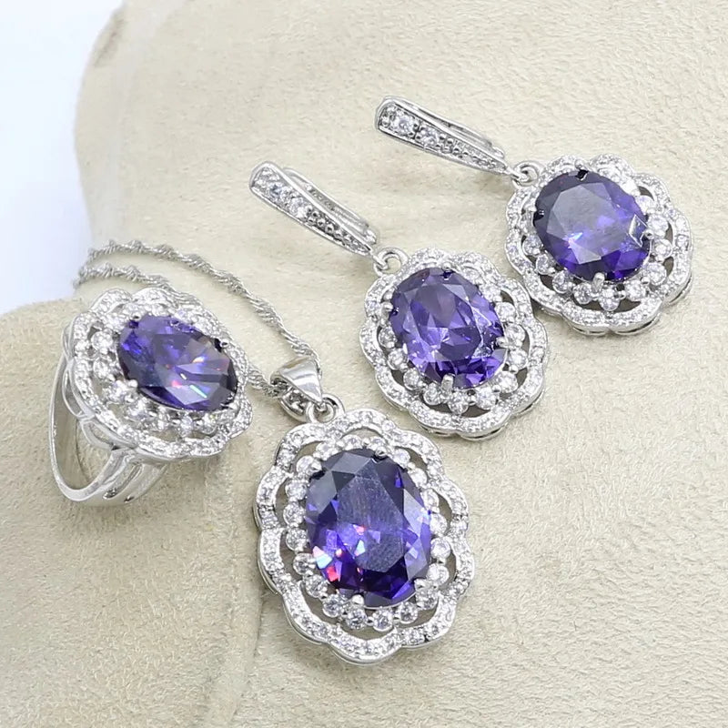 Natural Purple Amethyst 925 Silver Jewelry Set for WomenPurple 3PCS6