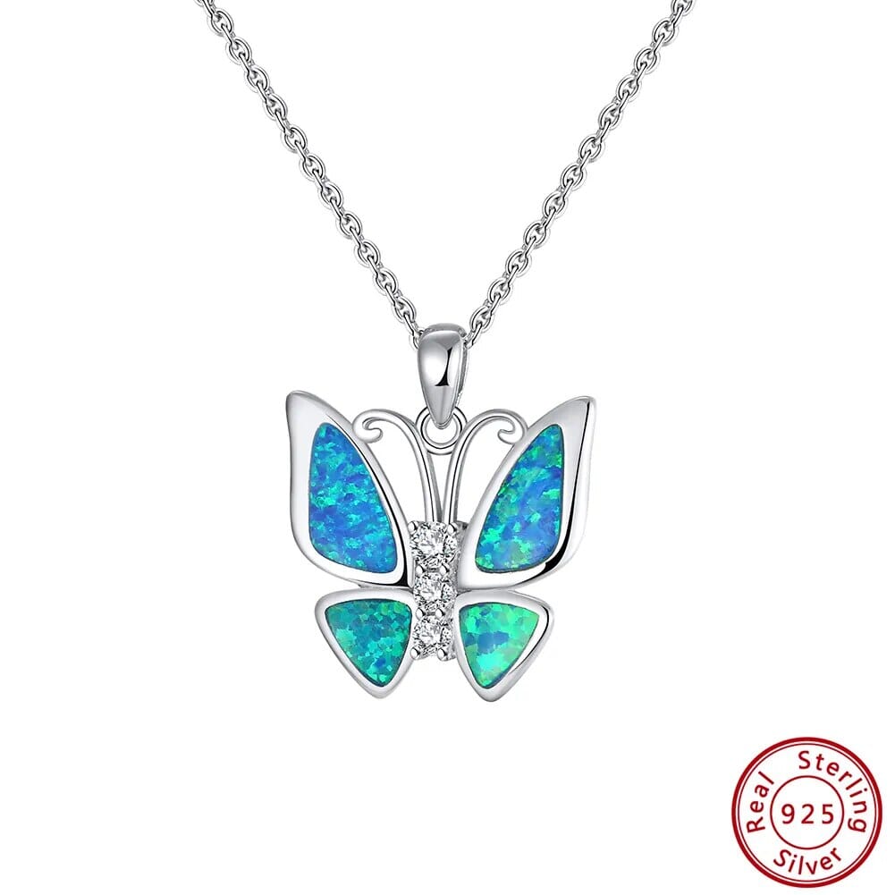 Fire Opal Butterfly Pendant 925 Sterling Silver NecklaceNecklaceBlue