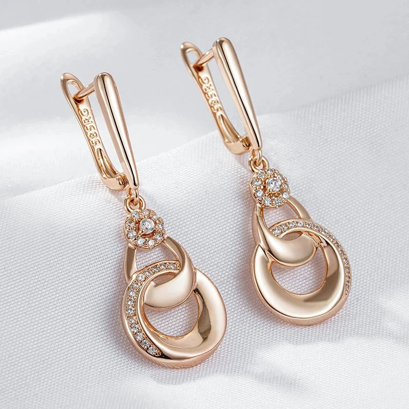 Elegant Hoop Pendant 585 Rose Gold Long Drop Zircon Earrings For WomenROSE GOLD COLOR