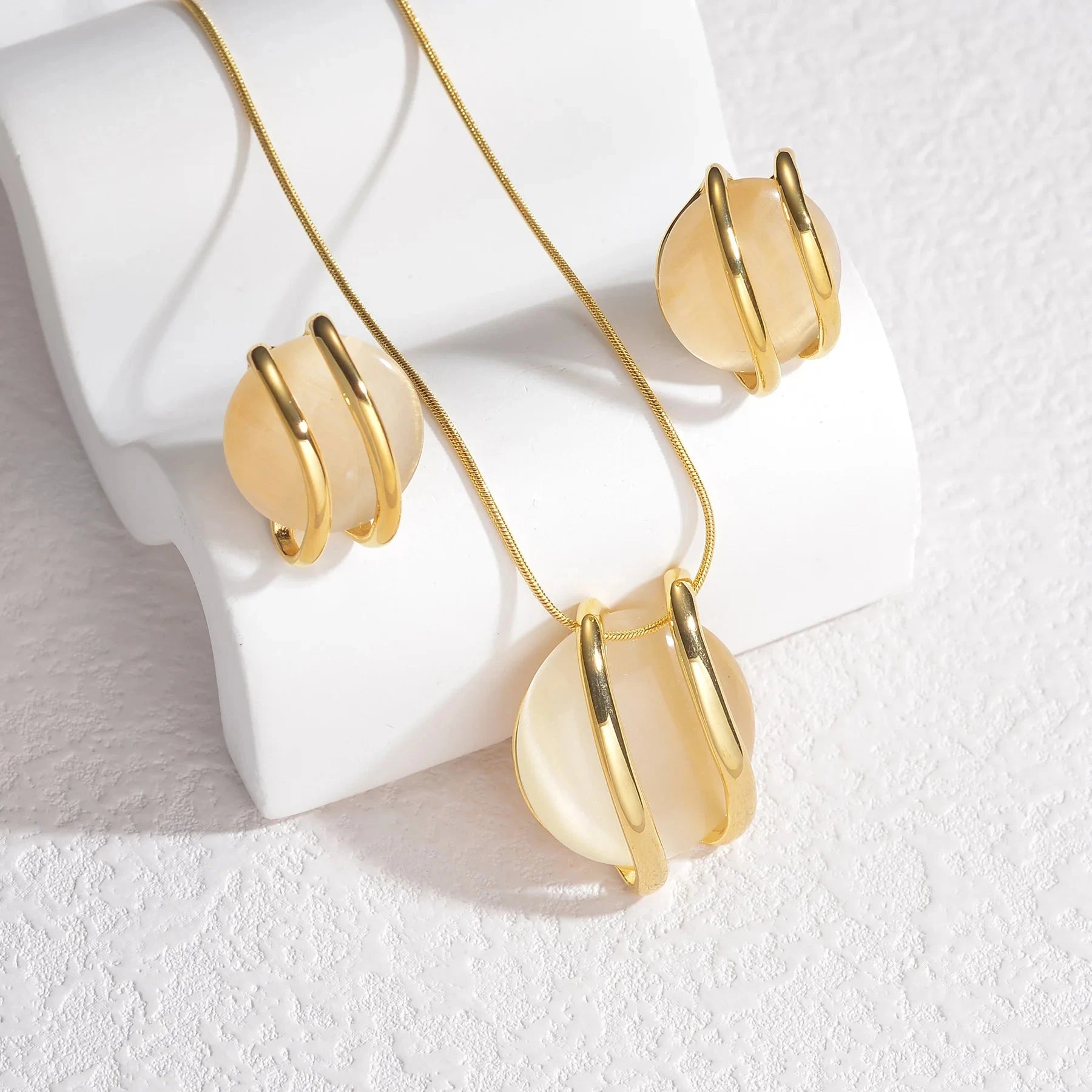 Fashion Stainless Steel Round Natural Stone Stud Earrings Necklace