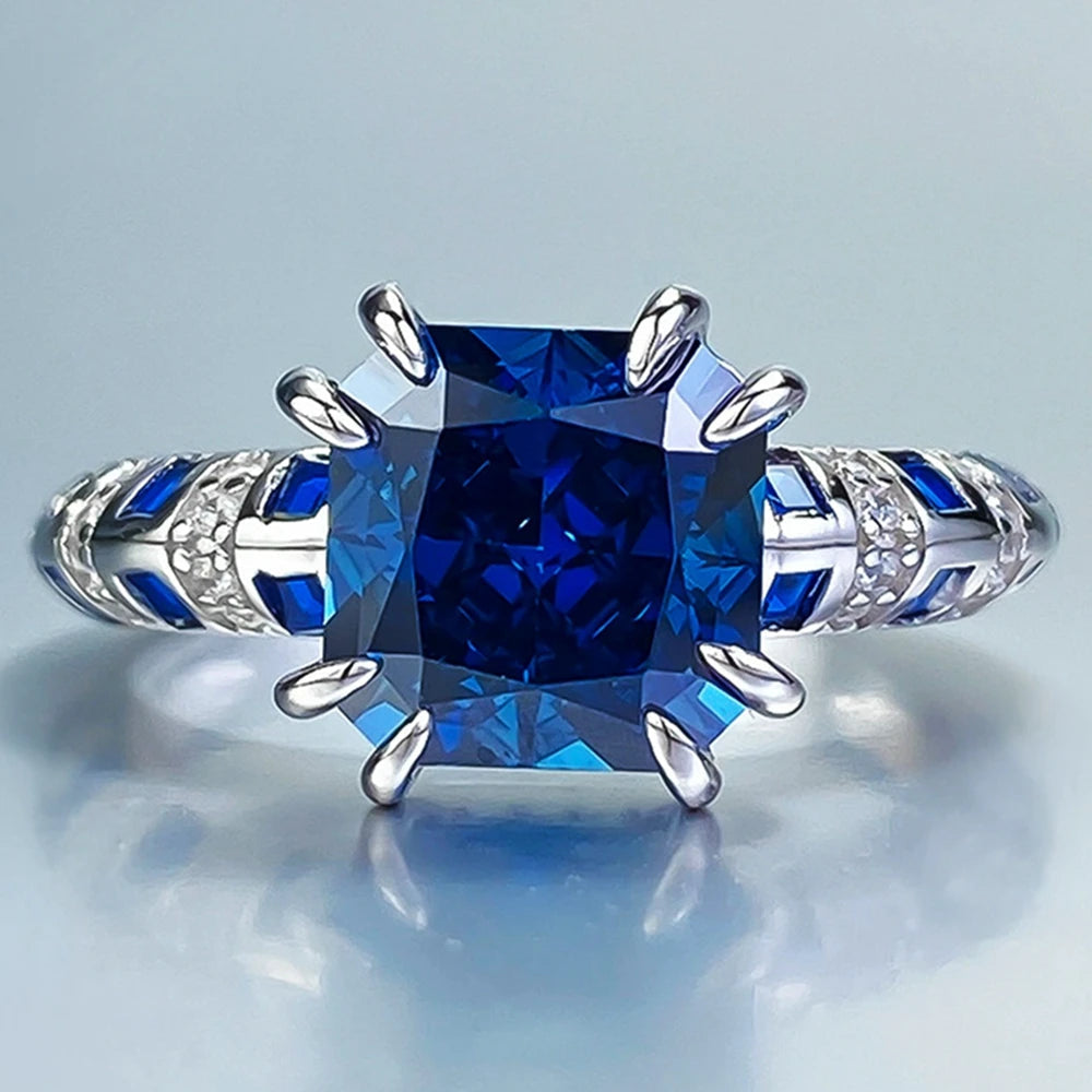 100% 925 Sterling Silver 8*8 MM Sapphire High Carbon Diamond Gemstone Engagement RingBlue9