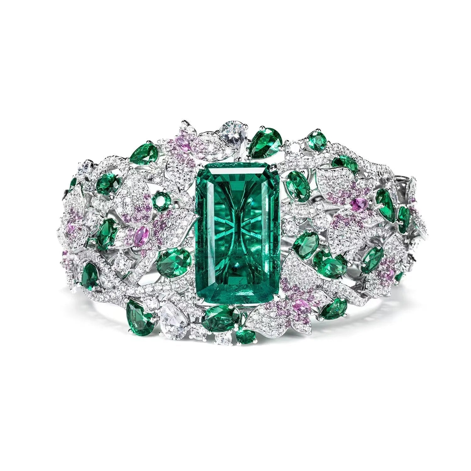 Luxury Elegant Flower Emerald Bangle Real 925 Sterling Silver Bangles16cm