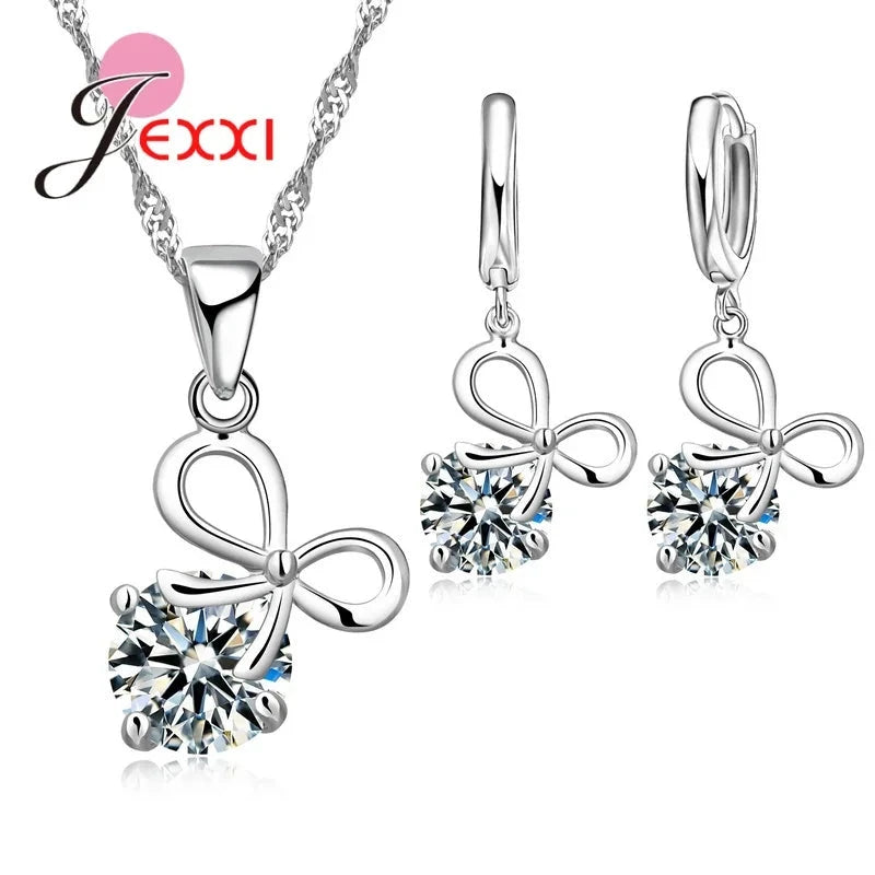 Trendy 925 Silver Color Jewelry Sets Cubic Zirconia Pendants Necklaces Charm Hoop Earrings Wedding Anniversary Gift For WomenS35001
