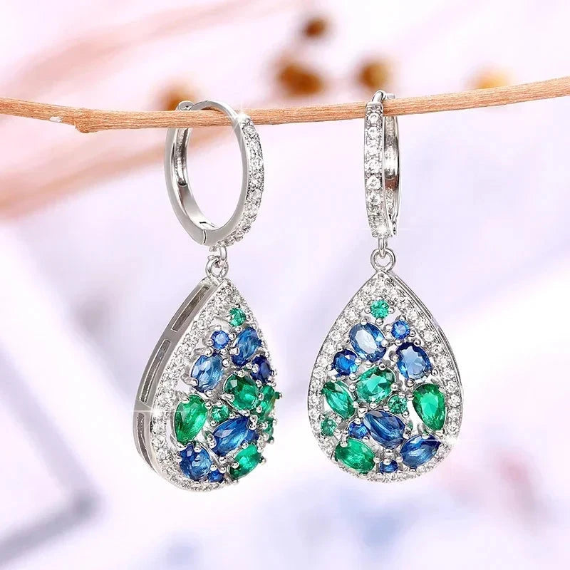 Blue-Green Cubic Zirconia Drop Earrings for WomenE2218