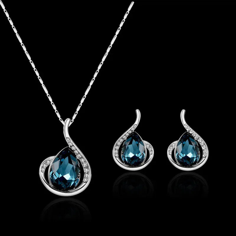 Bridal Opal Set Gold Plated Opal Jewelry Sets for Woman Water Drop Necklace Pendant Earrings5-sliver