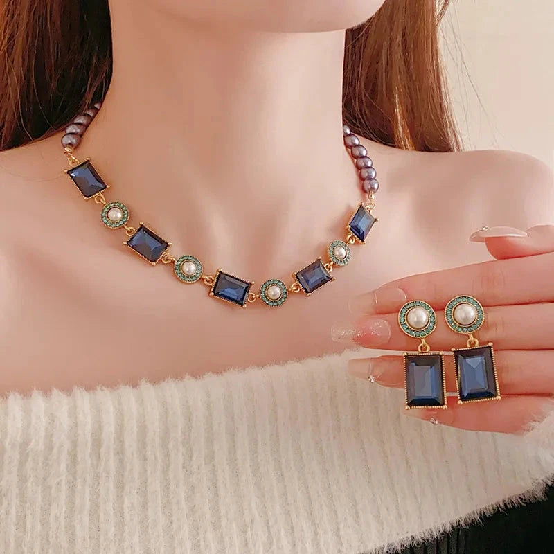 3 Pcs Dark Blue Rhinestone Square Pearl Necklace