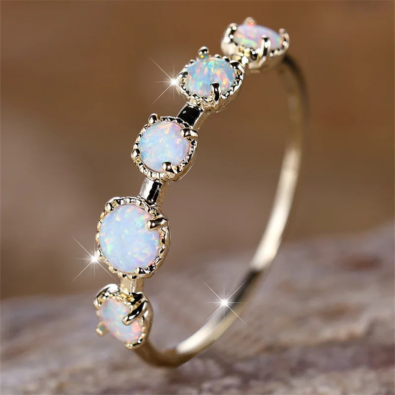 Female Charm White Fire Opal Stone Rings Yellow Gold Color Wedding Jewelry For Women Small Round Engagement RingWhite8