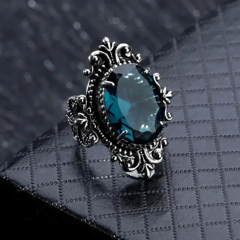 Vintage Oval Blue CZ Carved Pattern Ring for WomenQ6748