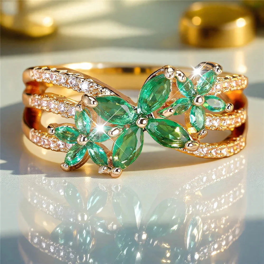 Flower Green Zircon Stone Gold Rings for Women