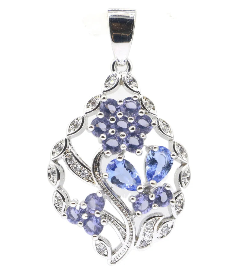 38x21mm Romantic White Sapphire Violet Tanzanite Purple Spinel CZ Woman's Engagement Silver PendantViolet Tanzanite