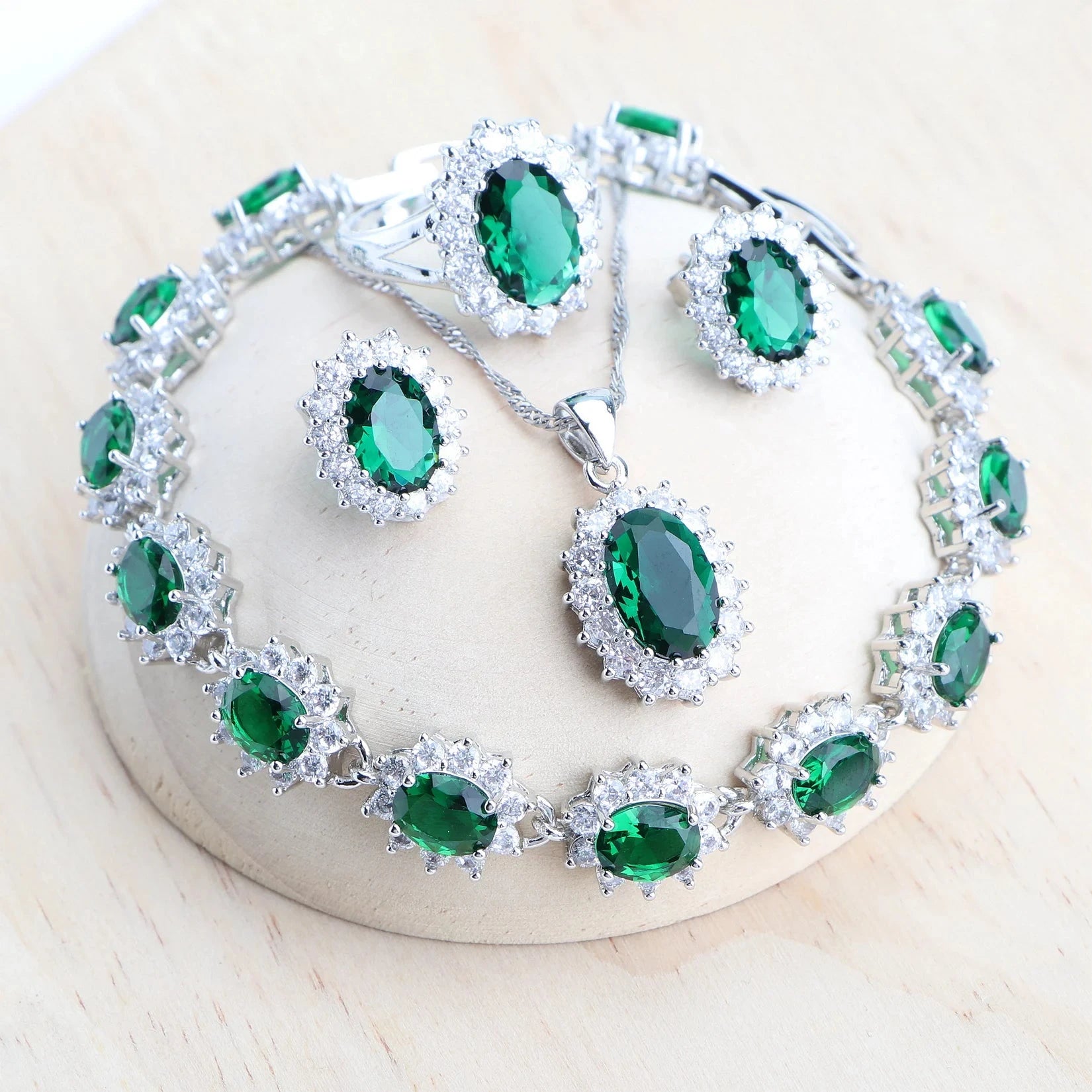 Silver 925 Women Jewelry Sets Blue Zirconia4PCS-Green6