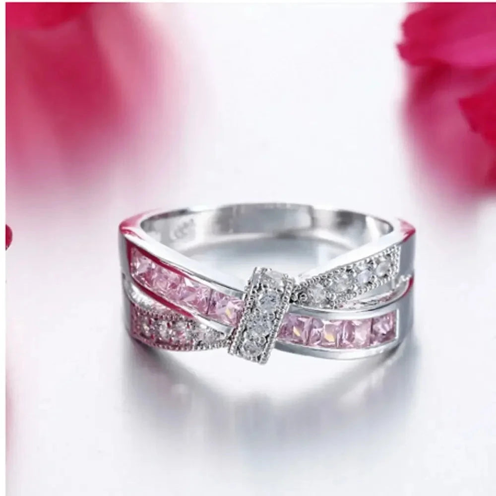 Silver Cross Plated Crystal Wedding Ring for Women8Pink