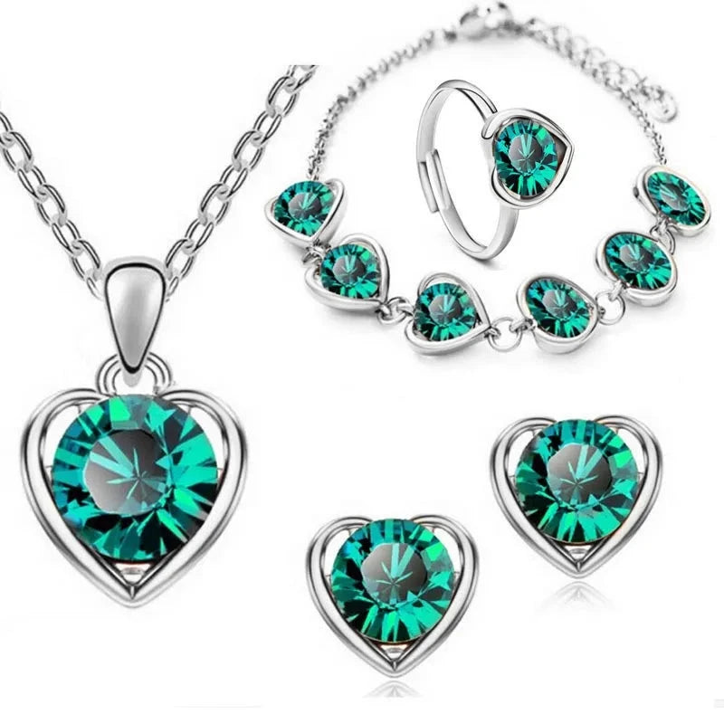 Blue Crystal Ring Necklace Earrings Set Wedding Jewelry SetsStyle2 GreenS